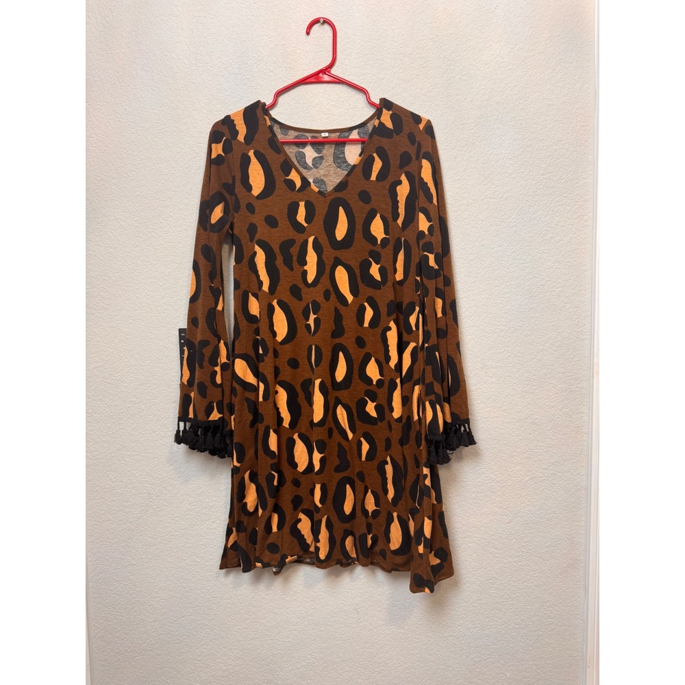 Womens‎ Leopard Print Tassels V Neck Long Sleeve Mini Dress S